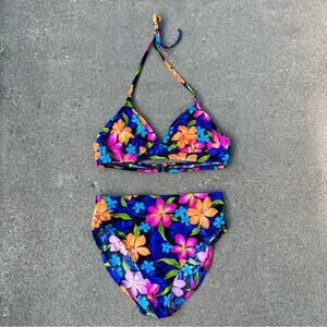 VTG 90s Catalina neon hibiscus tropical floral high rise halter swim bikini 1X